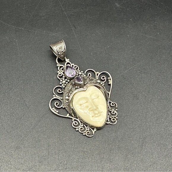 Sterling Silver Pendant Carved Goddess Face Purple Rhinestone Filigree Statement - Picture 6 of 9